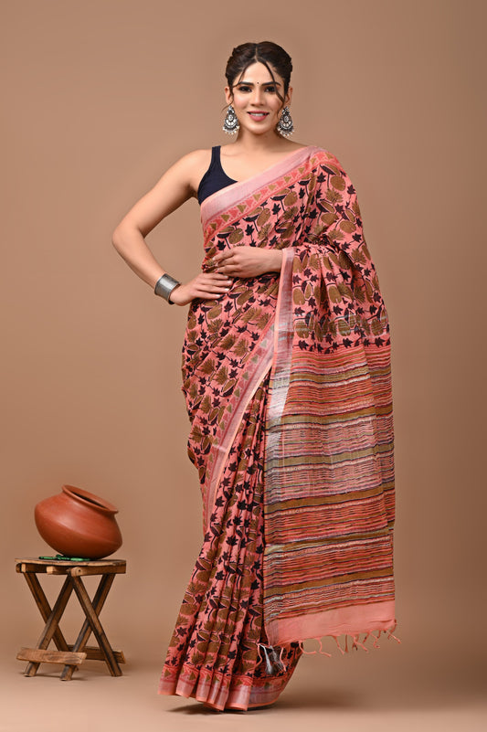 Pure Hand block printed cotton linen saree