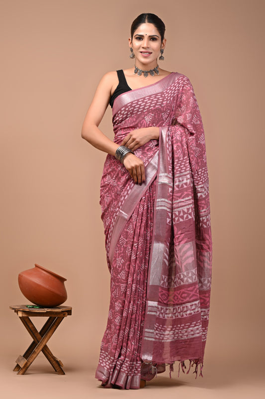Pure Hand block printed cotton linen saree