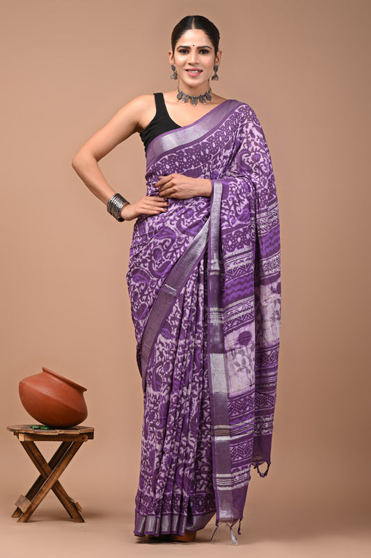Pure Hand block printed cotton linen saree