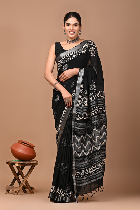 Pure Hand block printed cotton linen saree