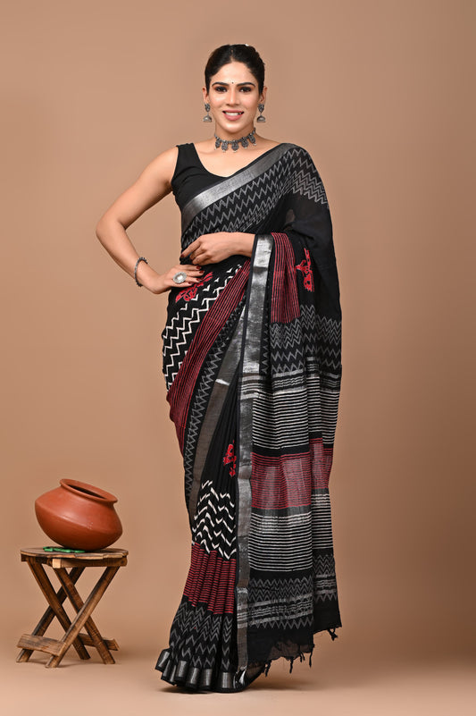 Pure Hand block printed cotton linen saree