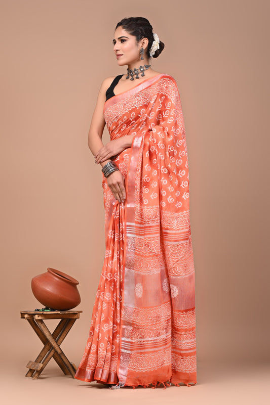 Pure Hand block printed cotton linen saree