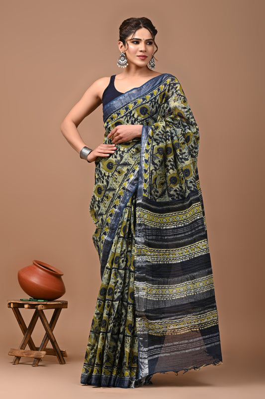 Pure Hand block printed cotton linen saree