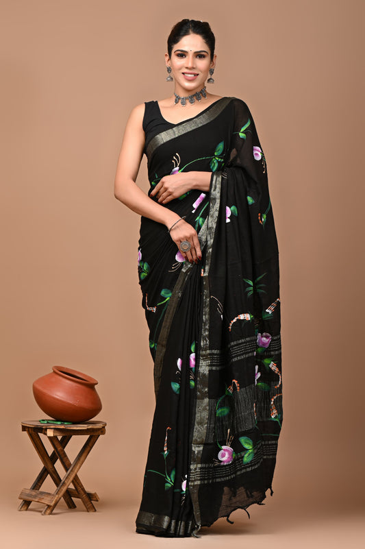 Pure Hand block printed cotton linen saree