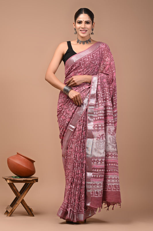 Pure Hand block printed cotton linen saree