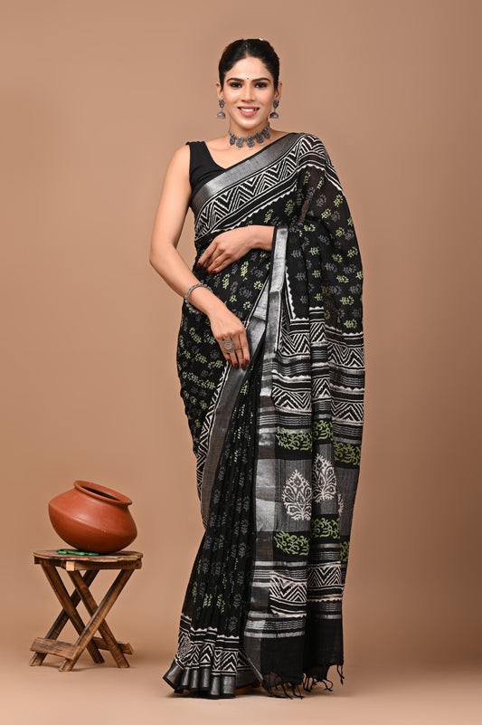 Pure Hand block printed cotton linen saree