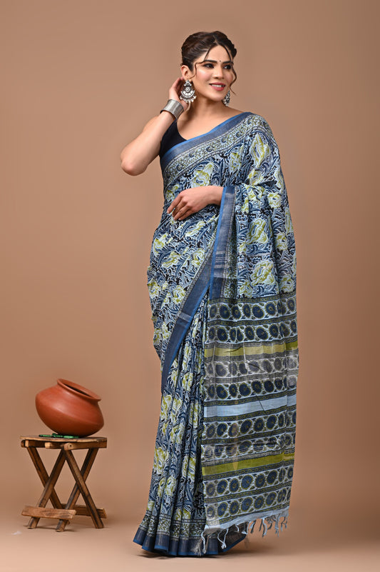 Pure Hand block printed cotton linen saree