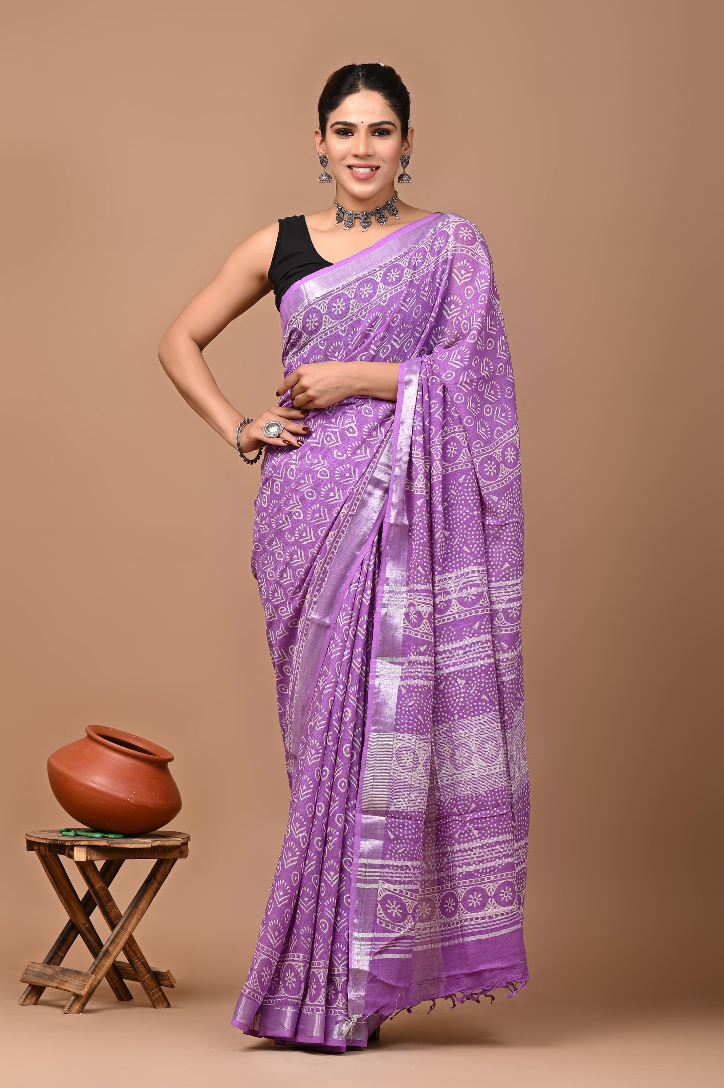 Pure Hand block printed cotton linen saree