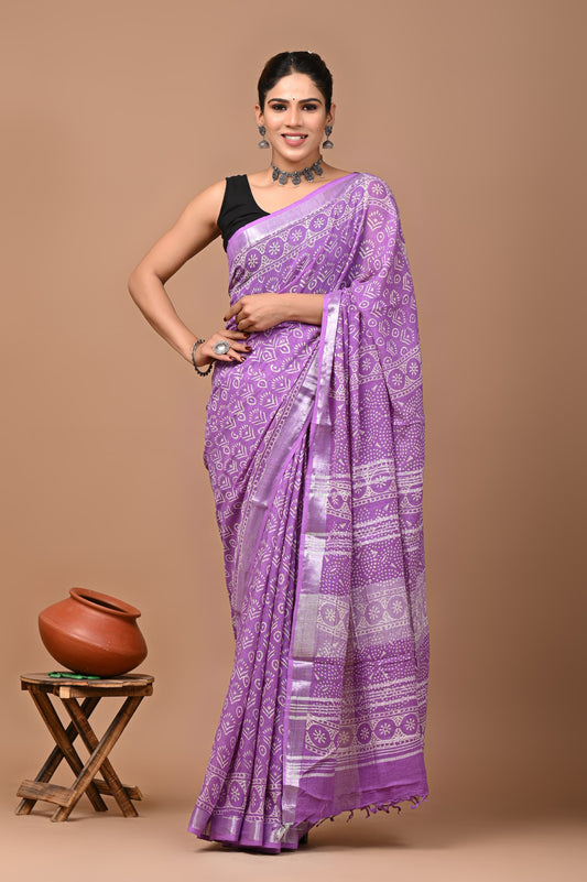 Pure Hand block printed cotton linen saree