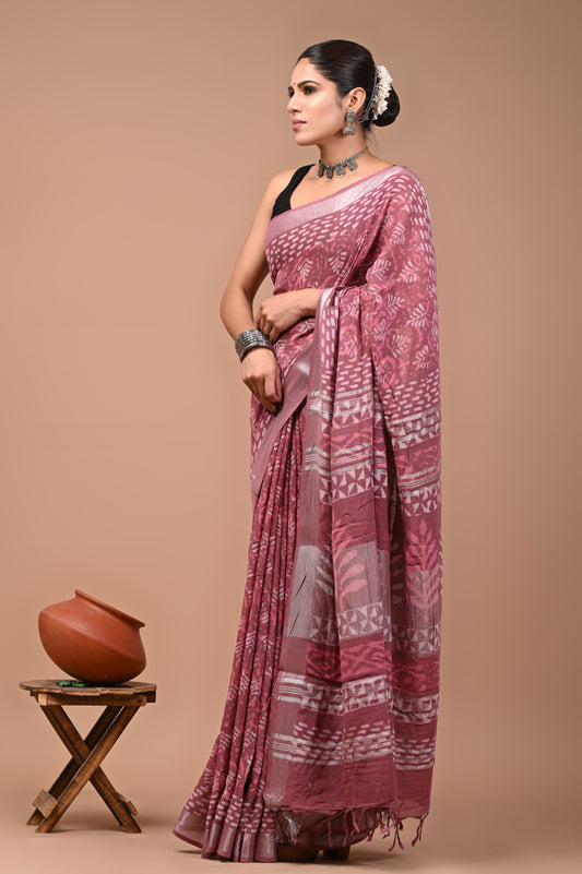 Pure Hand block printed cotton linen saree