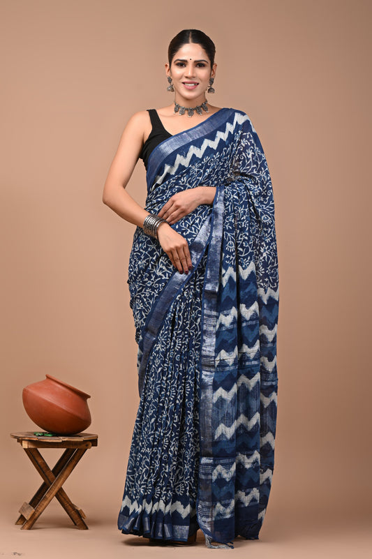 Pure Hand block printed cotton linen saree