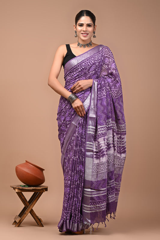 Pure Hand block printed cotton linen saree