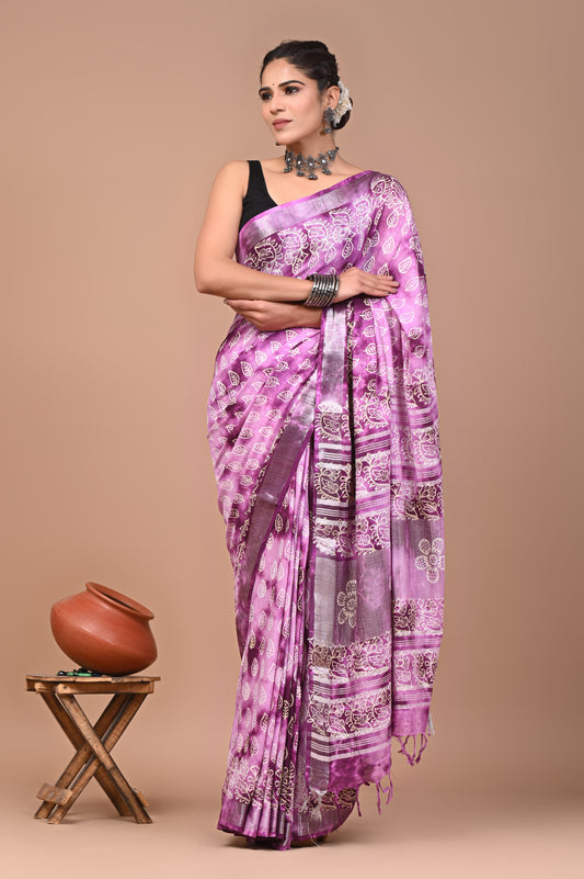 Pure Hand block printed cotton linen saree