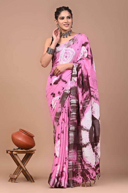 Pure Hand block printed cotton linen saree