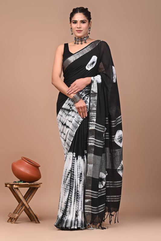 Pure Hand block printed cotton linen saree