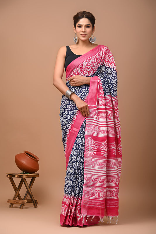 Pure Hand block printed cotton linen saree