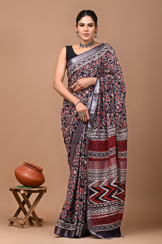 Pure Hand block printed cotton linen saree