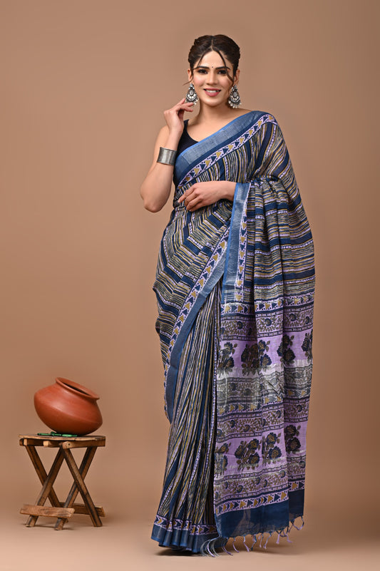 Pure Hand block printed cotton linen saree