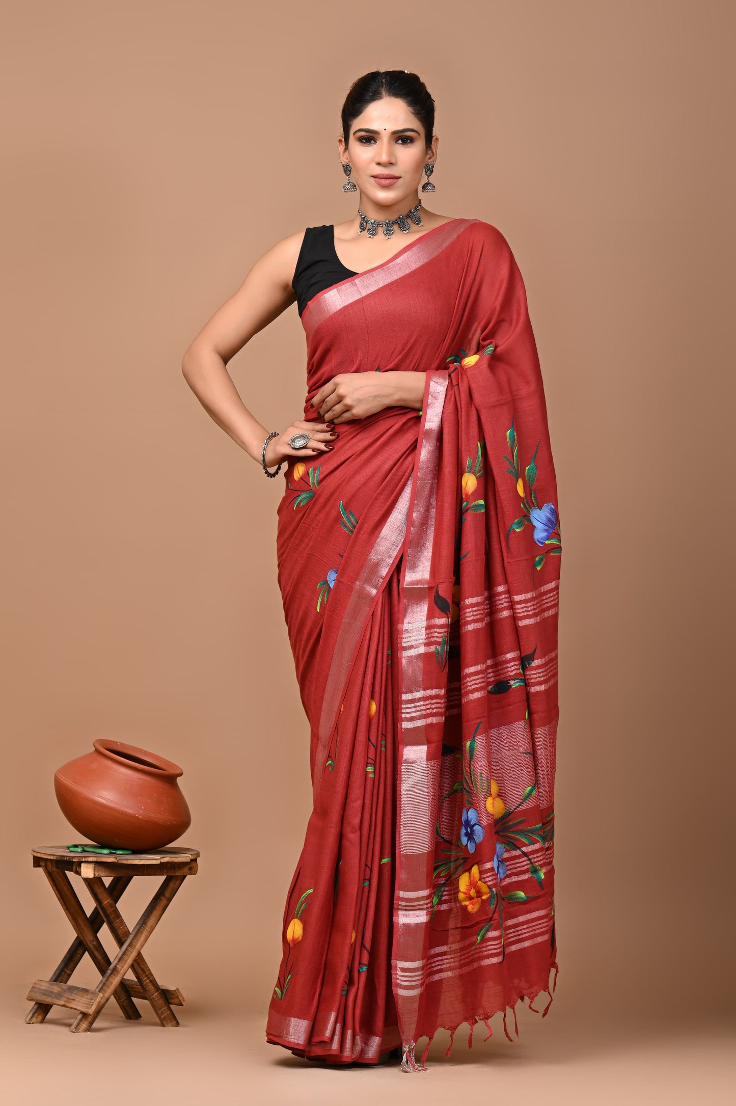Pure Hand block printed cotton linen saree