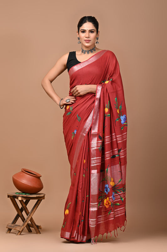 Pure Hand block printed cotton linen saree