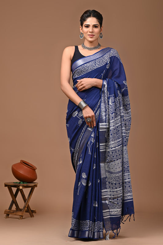 Pure Hand block printed cotton linen saree