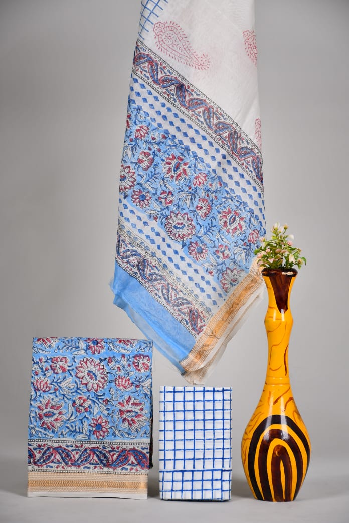 Hand block printed Maheshwari Silk zari border / Geecha border silk  Suits  Set with Duppatta