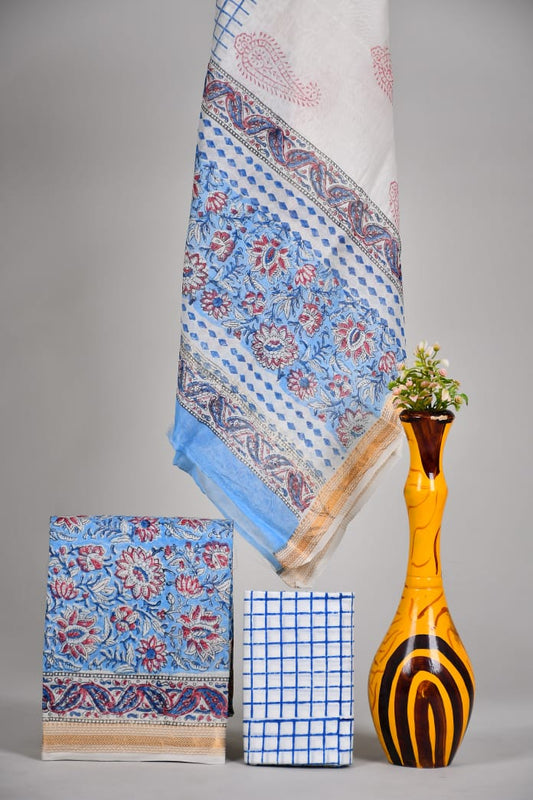 Hand block printed Maheshwari Silk zari border / Geecha border silk  Suits  Set with Duppatta