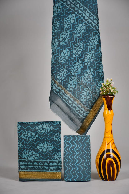 Hand block printed Maheshwari Silk zari border / Geecha border silk  Suits  Set with Duppatta