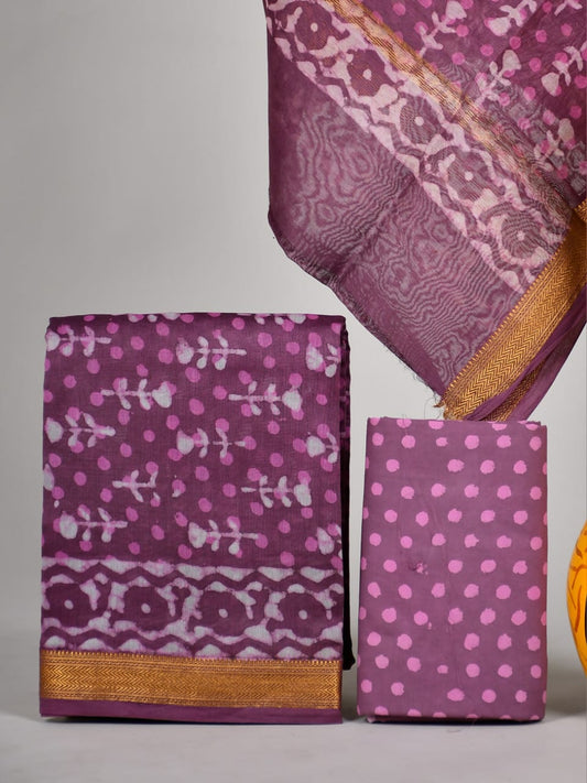 Hand block printed Maheshwari Silk zari border / Geecha border silk  Suits  Set with Duppatta