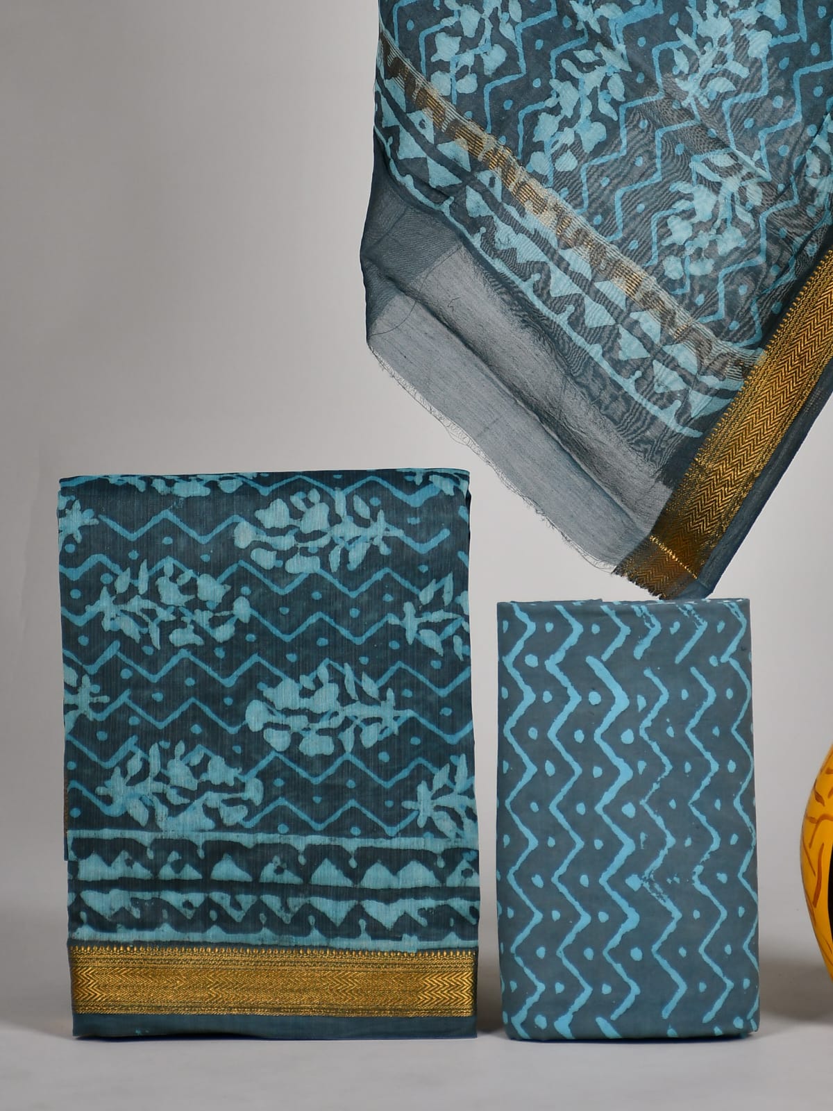 Hand block printed Maheshwari Silk zari border / Geecha border silk  Suits  Set with Duppatta