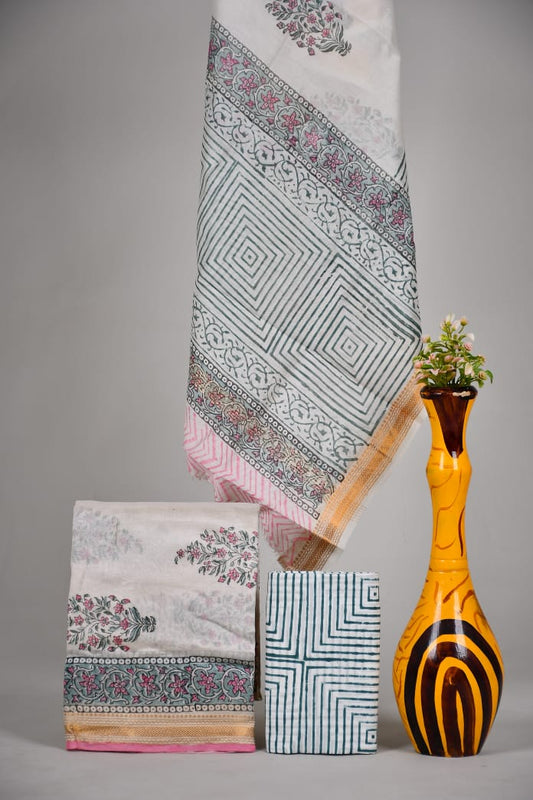 Hand block printed Maheshwari Silk zari border / Geecha border silk  Suits  Set with Duppatta