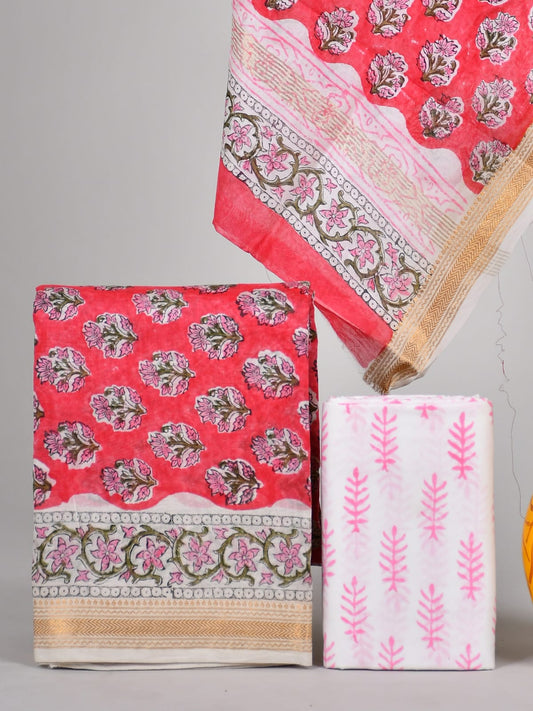 Hand block printed Maheshwari Silk zari border / Geecha border silk  Suits  Set with Duppatta