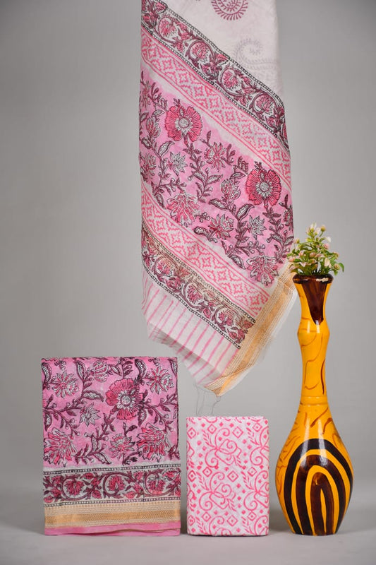 Hand block printed Maheshwari Silk zari border / Geecha border silk  Suits  Set with Duppatta