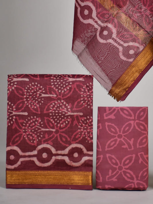 Hand block printed Maheshwari Silk zari border / Geecha border silk  Suits  Set with Duppatta