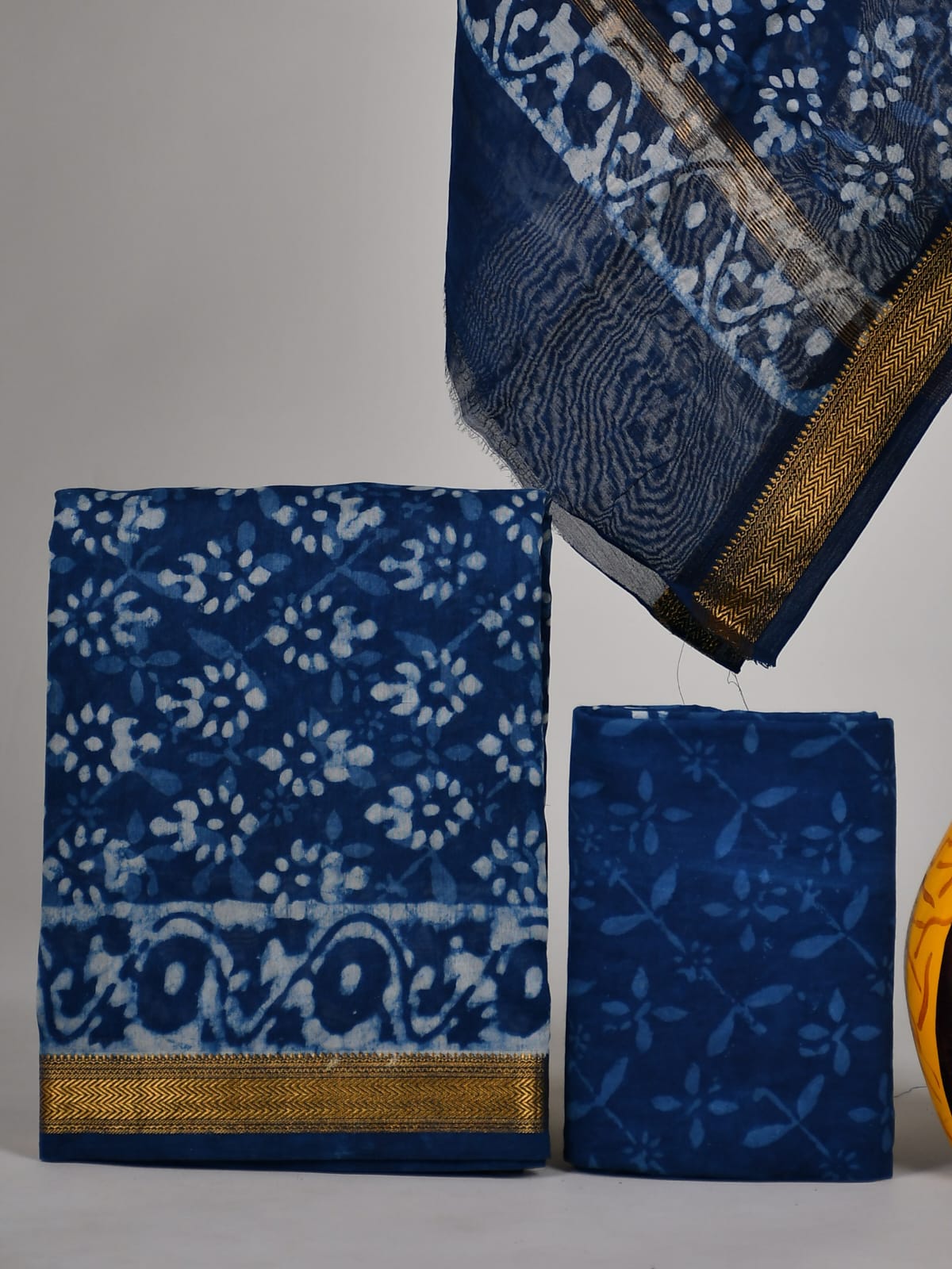 Hand block printed Maheshwari Silk zari border / Geecha border silk  Suits  Set with Duppatta
