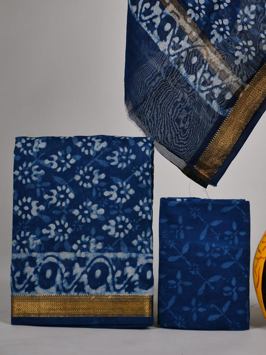 Hand block printed Maheshwari Silk zari border / Geecha border silk  Suits  Set with Duppatta