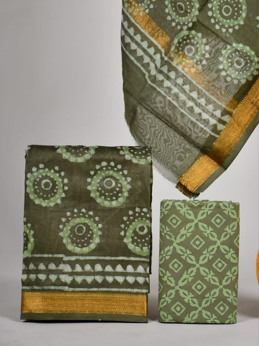Hand block printed Maheshwari Silk zari border / Geecha border silk  Suits  Set with Duppatta