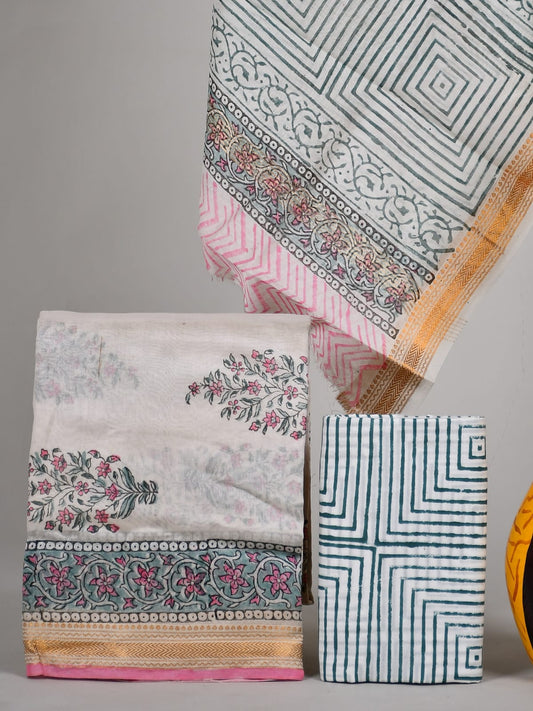 Hand block printed Maheshwari Silk zari border / Geecha border silk  Suits  Set with Duppatta