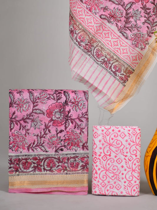 Hand block printed Maheshwari Silk zari border / Geecha border silk  Suits  Set with Duppatta
