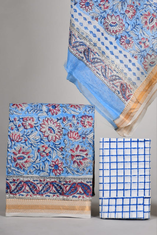 Hand block printed Maheshwari Silk zari border / Geecha border silk  Suits  Set with Duppatta