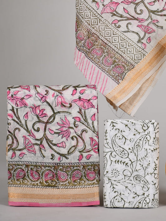 Hand block printed Maheshwari Silk zari border / Geecha border silk  Suits  Set with Duppatta
