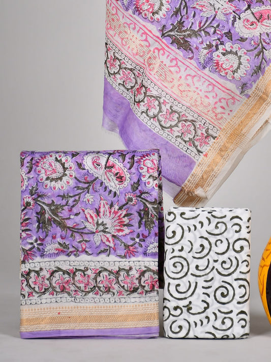 Hand block printed Maheshwari Silk zari border / Geecha border silk  Suits  Set with Duppatta