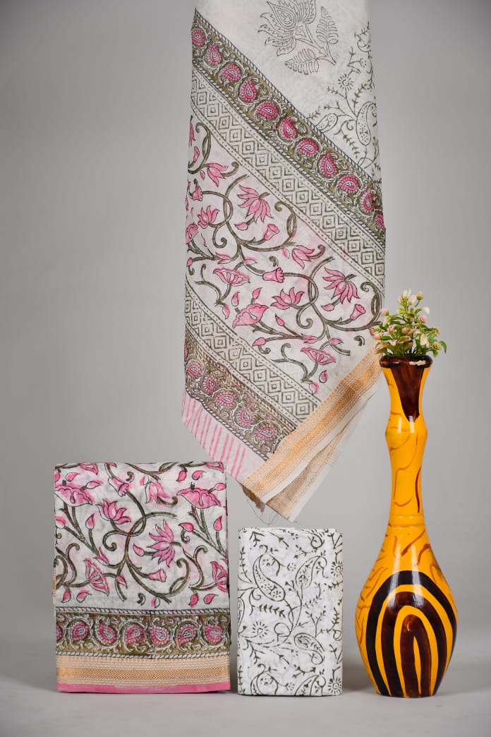Hand block printed Maheshwari Silk zari border / Geecha border silk  Suits  Set with Duppatta