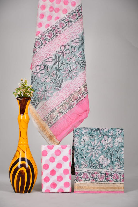 Hand block printed Maheshwari Silk zari border / Geecha border silk  Suits  Set with Duppatta