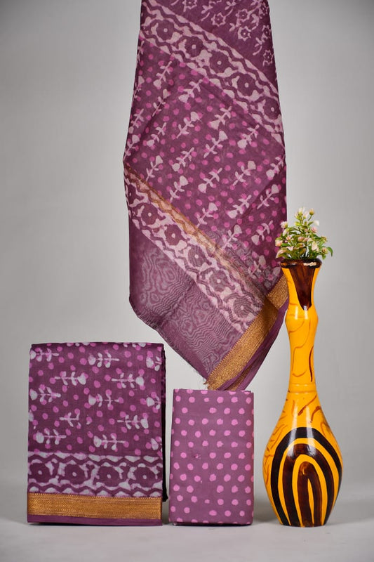 Hand block printed Maheshwari Silk zari border / Geecha border silk  Suits  Set with Duppatta