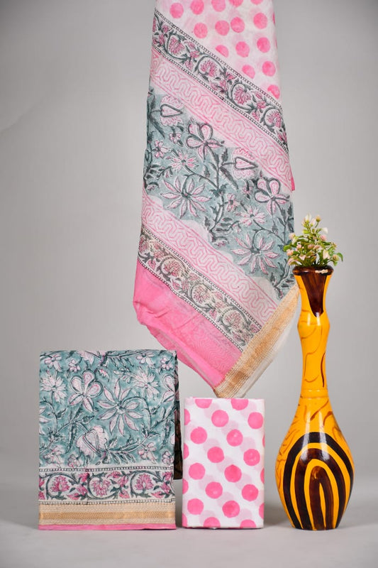 Hand block printed Maheshwari Silk zari border / Geecha border silk  Suits  Set with Duppatta