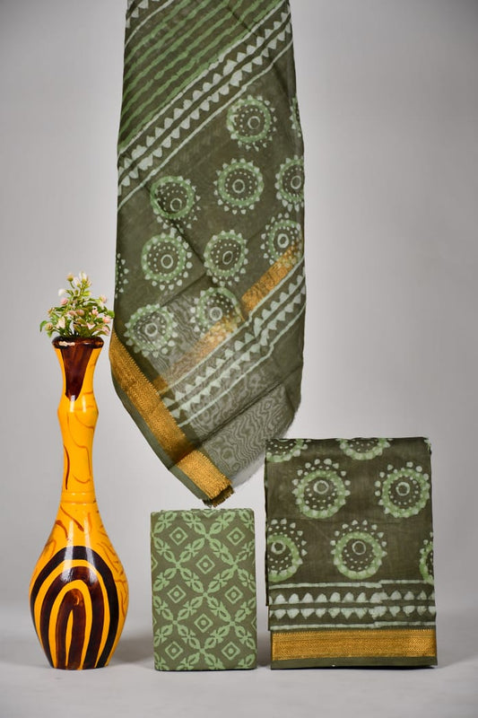 Hand block printed Maheshwari Silk zari border / Geecha border silk  Suits  Set with Duppatta