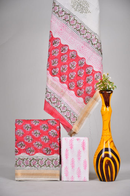 Hand block printed Maheshwari Silk zari border / Geecha border silk  Suits  Set with Duppatta
