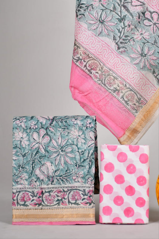 Hand block printed Maheshwari Silk zari border / Geecha border silk  Suits  Set with Duppatta