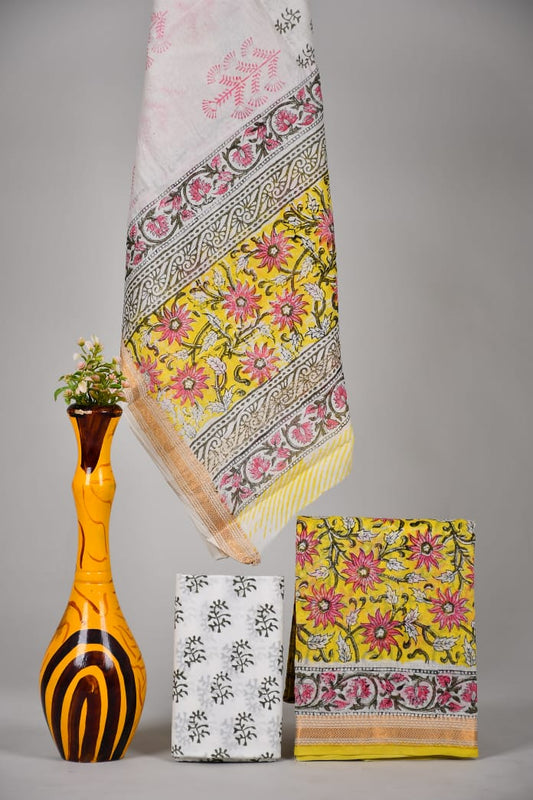 Hand block printed Maheshwari Silk zari border / Geecha border silk  Suits  Set with Duppatta